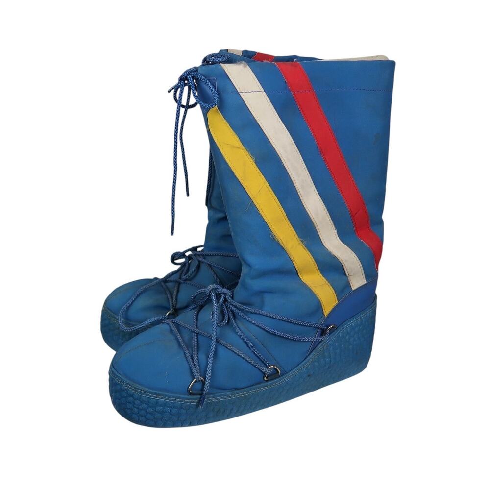 Vintage 80s Amco Blue Rainbow Stripe Moon Snow Boots Insulated Women's 9